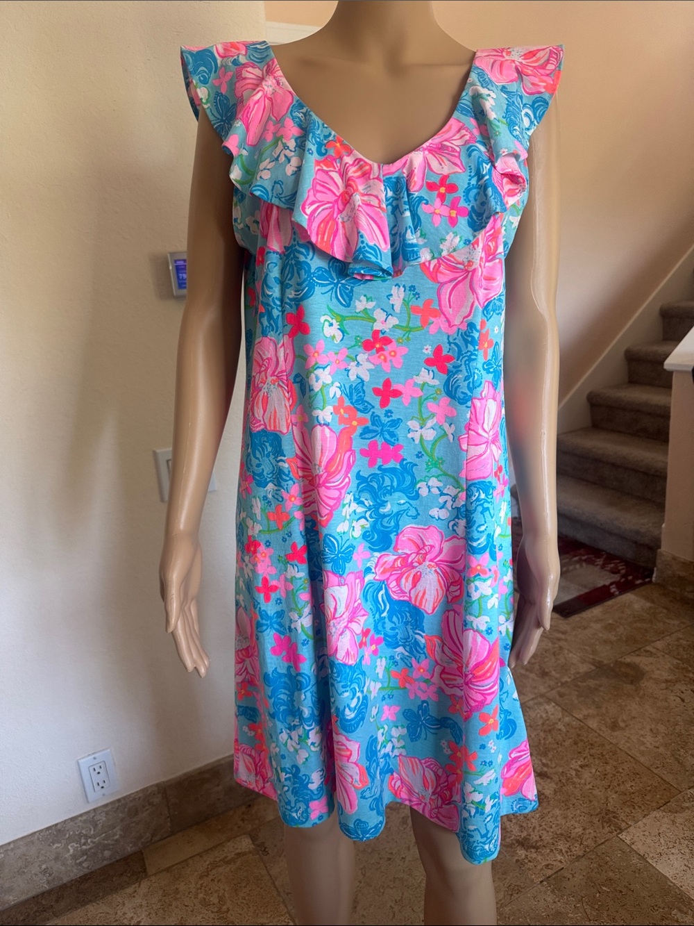 Lily Pulitzer Blue & Pink Floral Ruffle Neck Dress